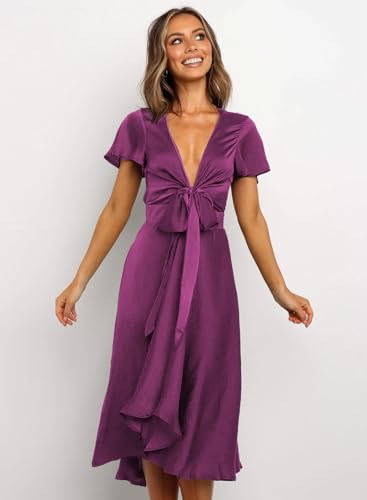 Image of miduo Womens Satin V Neck Ruffle Short Sleeve Tie Front High Waist Midi A-Line Maxi Dresses
