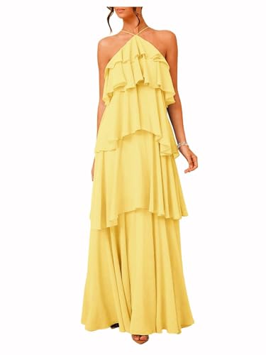 SOLY HUX Women's Sundresses Ruffle Layered Halter Flowy Maxi Dress Elegant Wedding Guest Dresses