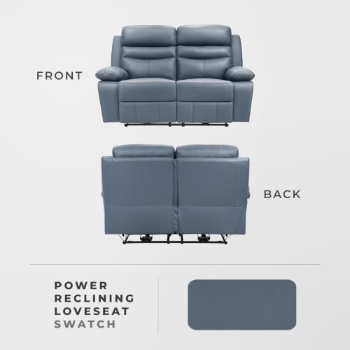 Image of Lexicon Leather Match Power Recliner Loveseat, Wall Hugger Recliner, Blue | 64 inchW Power Double Reclining Loveseat, USB Charging Port, Pillow Top Arms, Home Theater Seating, for Living Room /Apartment