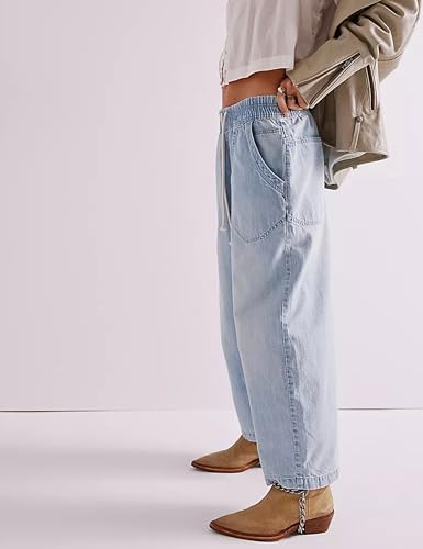Zontroldy Women's Drawstring Mid Waisted Wide Leg Jeans Loose Fit Straight Leg Denim Pants with Pockets3