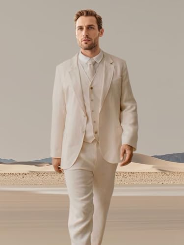 Men's Linen Suit 3 Piece Summer Slim Fit Blazer Set for Beach Weddings Parties Casual Business Jacket Vest Pants4