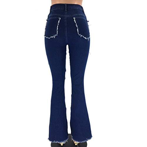 Calça jeans feminina de cintura alta SOIMISS com aplique flare e cintura alta com calça de sino, Azu