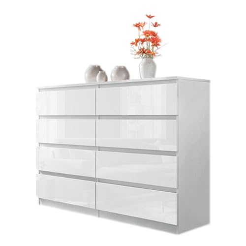 Cómoda blanca de alto brillo, muebles modernos para dormitorio, diseño sin asa, armario de almacenamiento de 8 cajones para dormitorio, sala de estar, oficina o pasillo