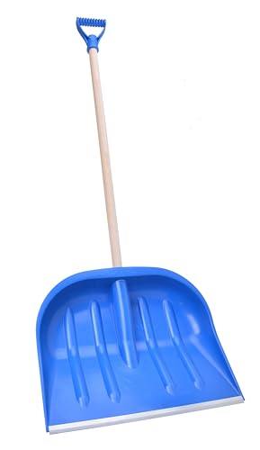 Aqbau Schneeschaufel Blau mit Alukante Schneeschieber mit Rippenverstärkung & D-Griff | Robuste Schneeräumer-Schaufel mit Holzstiel 100 cm | Leichte Schneeschippe Snow Shovel für Winterdienst