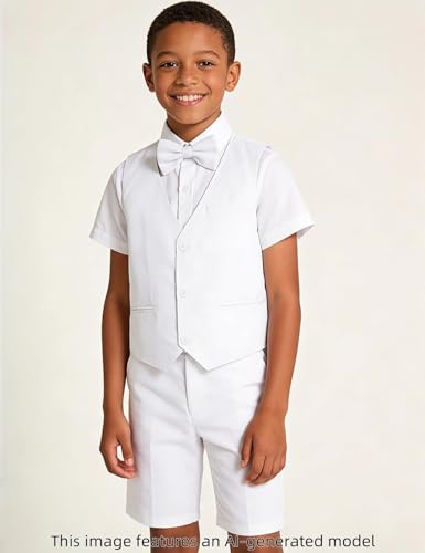 Image of A&J DESIGN Boys Short Suit Set 3 Pieces Kids Formal Gentleman Outfit, 4-11 Years, Shirt + Vest + Shorts + Bow Tie