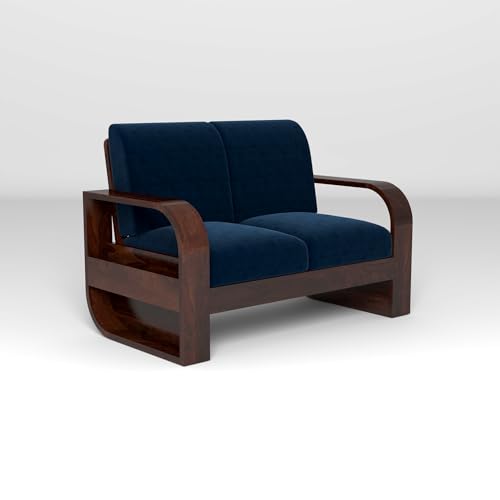 Image of Solid Sheesham Wooden 2 Seater Sofa Set with Blue Cushion for Living Room Furniture - Walnut Finish