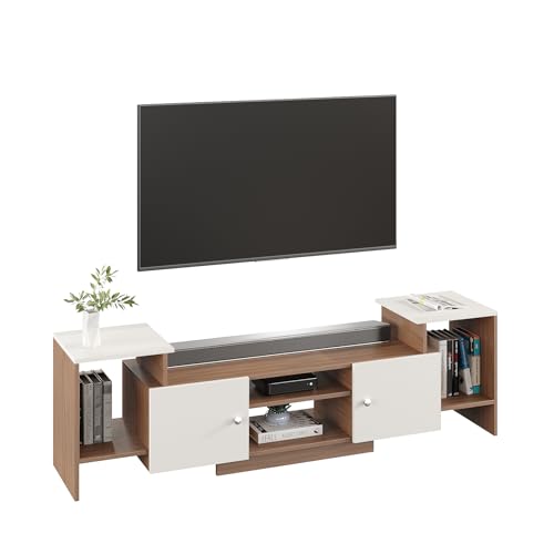 Image of FURNEASER Eptimal Modern Wooden TV Unit for Living Room | Engineered Wood Entertainment Center with Storage | TV Stand for 65 Inch TVs | TV Cabinet with Shelves & Doors (Exotic Teak & White)