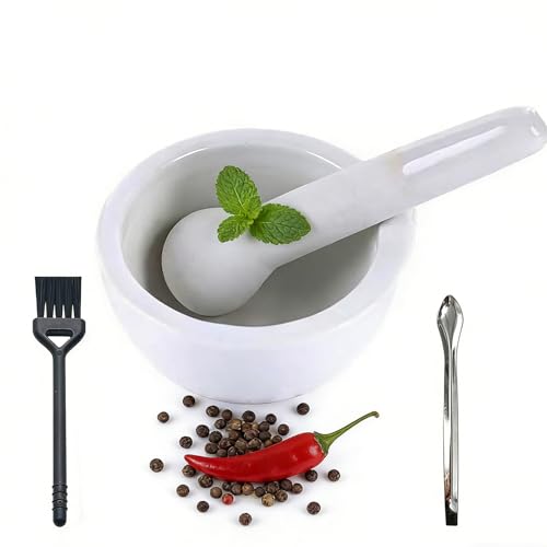 3.2inch Ceramic Mortar and Pestle Set Small Pill Crusher Porcelain Grinding Bowls Spice Mill Grinder Set Ceramic Mixing Grinding Bowl Set Include Brush and stainless steel Spoon