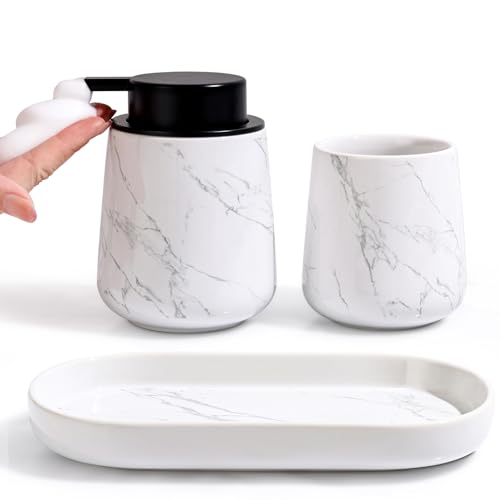 BosilunLife Bathroom Accessories Set 3 pcs - Bathroom Ceramic Foaming Soap Dispenser Set Farmhouse Marble Bathroom Decor, Foam Soap Dispenser and Toothbrush Holder/Tumbler Cup, Tray Marble S