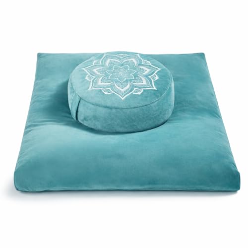 Meditation Zafu Cushion Set with Buckwheat Hulls & Memory Foam - Ergonomic Support for Yoga & Sitting - Removable Machine-Washable Luxury Velvet Cover - for Adults and Kids (Green)
