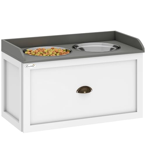 PawHut Ciotole per Cani Rialzate in Acciaio Inox, Portaciotole per Cani in Legno con Cassetto Portaoggetti per Cane Grande, 60x30x36 cm, Bianco