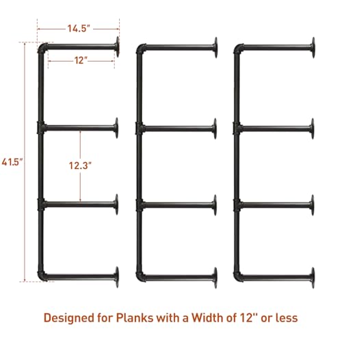 HITOMEN-Industrial-Iron-Pipe-Shelves-3-Set-4-Tier-415-Tall-12-Depth-DIY-Open-Bookshelf-Bookcase-Wall-Mounted-Vintage-Retro-Shelving-Rustic-Farmhouse-Pantry-Kitchen-Storage-Black-Shelf-Brackets