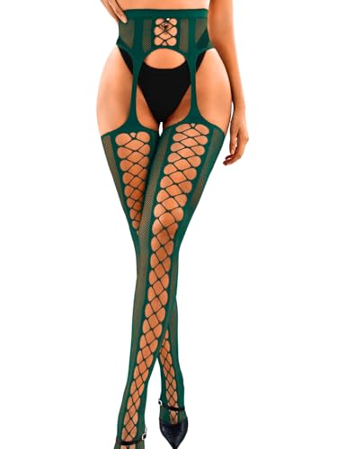 EHSUYAB Women Sexy Fishnet Tights Suspender Pantyhose With Garter Belt Stockings Lingerie Outfit Going Out Party Club Rave Dark Green Small Medium