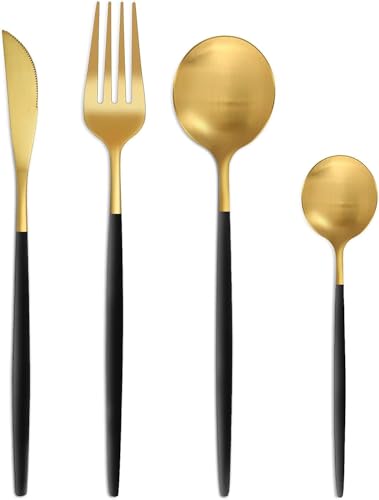 Bestdin Besteck Set 6 Personen, 24 teilig Besteck Schwarz Gold Matt, Essbesteck Set mit Messer Gabel Löffel, Spülmaschinenfest, Hochwertiges...