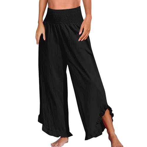 Wide Leg Linen Pants for Women Plus Szie Smocked High Waisted Ruffle Lounge Pants Gauze Summer Pants for Women 2025