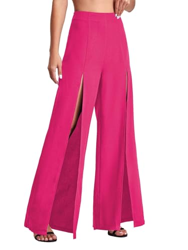 Women's Split Thigh Wide Leg Pants Casual Elastic High Waisted Business Trousers