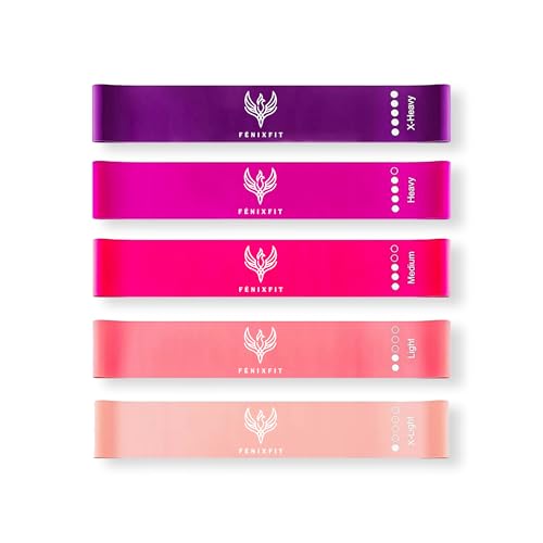 FÉNIXFIT Elastic Fitness Bands, Set of 5 Resistance and Muscle Bands 100% Latex Exercise Bands for Yoga, Pilates, Buttocks, Arms and Legs (Pink)