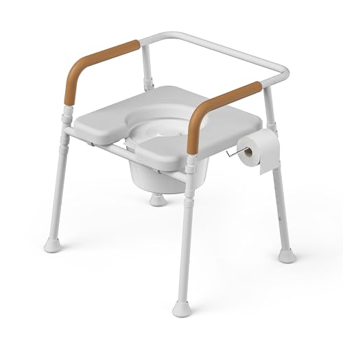 Loyoda Heavy Duty Steel Bedside Commode Chair - 400 lb Capacity, No-Tools Assembly, Adjustable Height, Removable Bucket with Liner, Convertible Toilet Safety Raiser, Waterproof Foam Seat