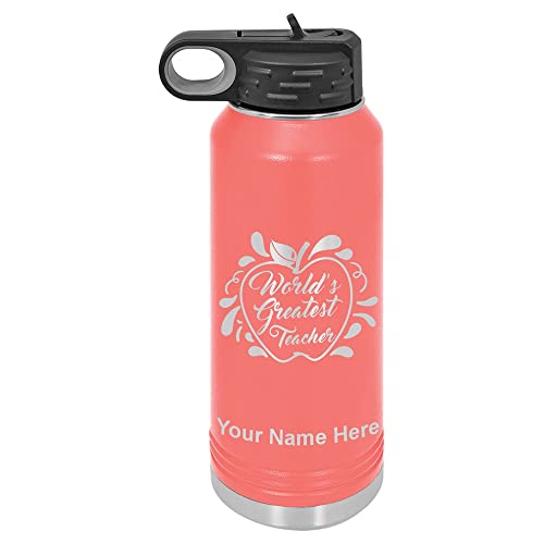 Lasergram 32Oz Double Wall Flip Top Water Bottle With Straw, World's Greatest Teacher, Personalized Engraving Included (Coral) #TOP28