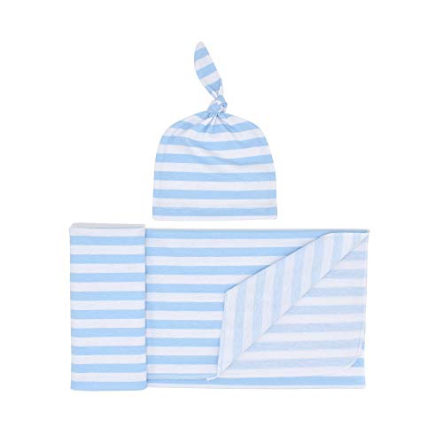 Juego de 2 mantas para bebé recién nacido a rayas con sombrero para bebé Hospital de algodón suave para saco de dormir para recién nacidos y niños, ideal para el hogar o el hospital (azul) Cover