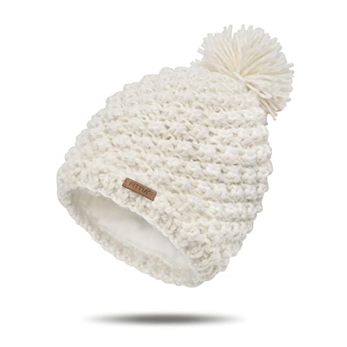 Fittia warme Wintermütze Bommelmütze Strickmütze Wollmütze Beanie Doppelschicht mit Strick-Bommel, Beige Cover