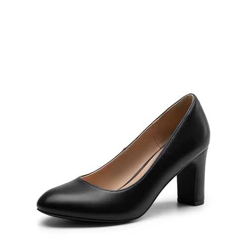 DREAM PAIRS Women's Block Heels Closed Toe High Chunky Rounded Toe Pumps Comfortable Slip On Work Shoes,Size 6,Black-Pu,DWUMPU2515