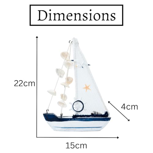 Image of Wooden Decorative Sailboat Nautical Model Showpiece - 15x4x22 cm | Miniature Sailing Boat Showpiece for Home Decor, Living Room, Office & Table Desk Decoration | Faded Blue-Helm