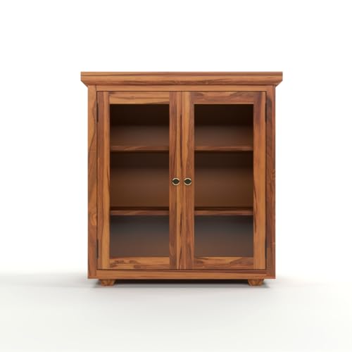 Image of Solid Sheesham Wood Sideboard Cabinet for Living Room | Wooden Storage Cabinet with 2 Acrylic Glass Doors & Shelves | Modern Display Sideboard for Home (Honey Finish)