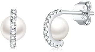 Stud Earrings for Women Pearl Earrings Stud, Jadefy 3 Pairs 925 Sterling Silver Stud Earrings Set, Earrings for Women with Cubic Zirconia&Silver Butterfly Backs, Sterling Silver Stud Earrings Set for Multiple Piercings