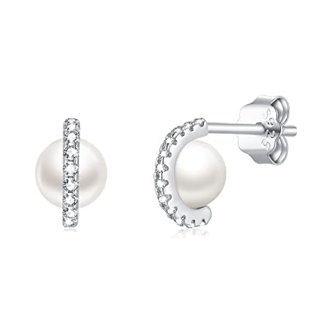 Pearl Earrings Stud for Women, Jadefy 925 Sterling Silver Stud Earrings with Cubic Zirconia, Pearl Earrings for Women Girls with Silver Butterfly Backs, Dainty Hypoallergenic Stud Earrings Size 5mm Cover
