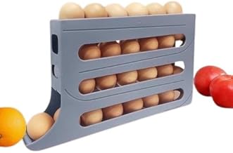 NITEVO Plastic Automatic Rolldown Refrigerator Rectangular 4 Tier Egg Rolling Dispenser, Holds Up To 30 Eggs, Holder For Fridge Storage - Grey (GRAY)