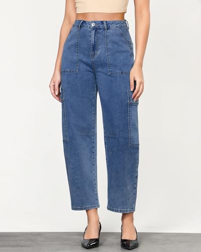 GRAPENT Barrel Jeans for Women Trendy High Waisted Cropped Cargo Pocket Baggy Stretch Denim Pants Wide Leg Tapered Jeans2