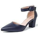 Women's Pointed Toe Pumps Low Block Chunky Heels Closed Toe Ankle Strap Dress Wedding Business Shoes Matte Navy 40-8.5US