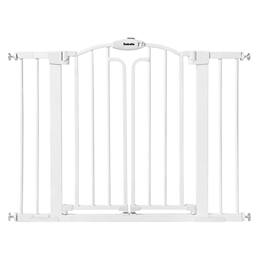 Babelio 33″ Extra Tall Metal Arched Baby Safety Gate, Fits Openings 29″ to 43″ Wide, Decor Pressure Mounted Dog Gate for Doorways and Stairways, Auto Closed Child Gate with Walk-Thru Door, White