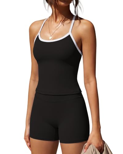 Image of SUUKSESS Women 2 Piece Workout Sets High Waisted Tummy Control Biker Shorts Halter Padded Tank Tops