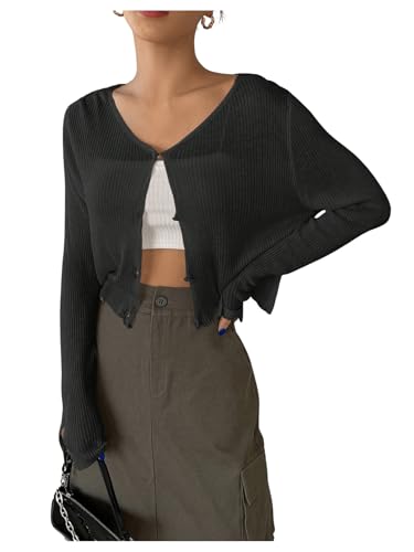 Floerns Women's Ribbed Knit Long Sleeve Button Front V Neck Cardigan Crop Top