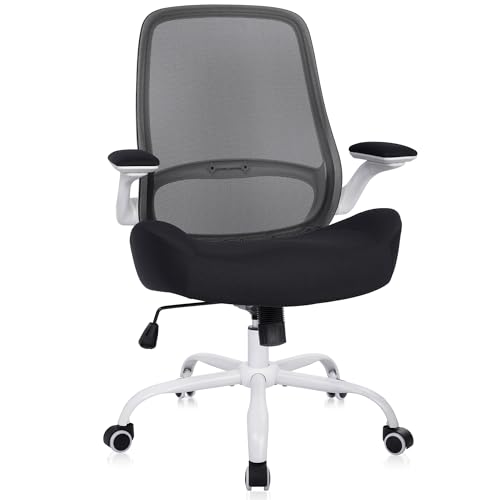 Image of HYLONE Office Chair Ergonomic Chair with Flip up Armrests, 5 inch Thickened Seat Computer Chair with Breathable Mesh Back Home Office Computer Chairs for Long Hours Mesh Office Chair(White Base&Black)