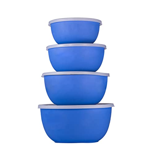 BOWLMAN Stainless Steel Microwave Safe Euro Bowl Set with Lid for Food Serving and Storage Containers for Your Modern Kitchen (Blue, Pack of 4 Pcs)