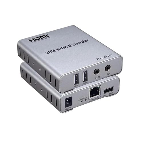 Image of HDMI Extender 60m with KVM Audio Output IR Control Support USB Mouse and Keyboard Extension Over cat5e cat6 Cable, 60M HDMI KVM Extender Video Resolution up to 1080p - grey(K)