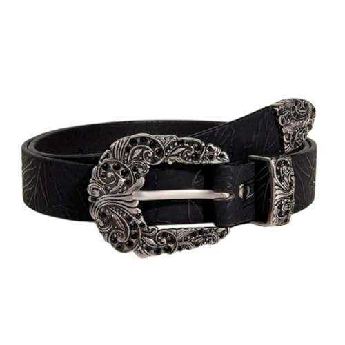Women's Western Floral Engraved Embossed Leather Belt Waist Strap with Rhinestones Filigree Pin-Buckle for Daily Wear
