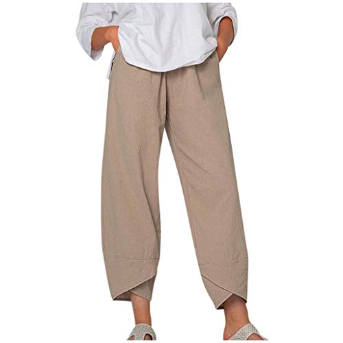 Image of Cotton Linen Capri Pants for Women 2025 Casual Printed Cropped Palazzo Pants Elastic Waist Lounge Baggy Trousers