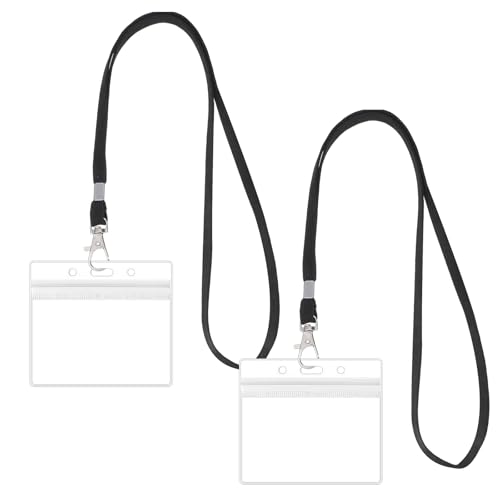 Funda para identificación con cinta, 2 juegos de fundas para tarjetas con cordones, soporte para tarjetas de identificación de plástico duro, transparente e impermeable, reutilizable, resistente