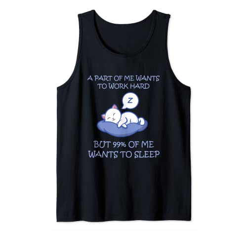 Tired Cat Lazy Work Motivation Tank Top, Black, S
