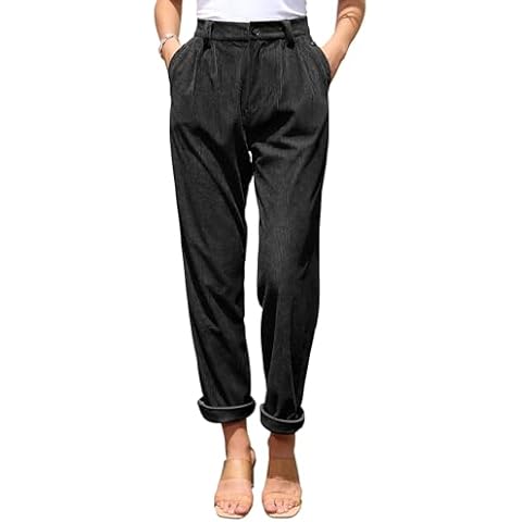 siliteelon Corduroy Pants for Women Cotton Straight High Waist Vintage Trousers with Pockets Black Medium Cover