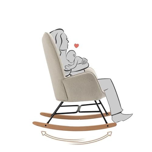 MEUBLE COSY Schaukelstuhl Sessel Schaukelsessel Stillstuhl Schwingstuhl mit Armlehnen Gepolsterter Sitzfläche für Wohnzimmer Schlafzimmer, Balkon, Stoff und Holzkufen, Bis 120 kg Belastbar, Beige