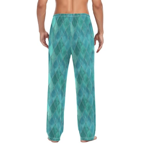 Men’s Teal Watercolor Geometric Plaid Pajama Pants with Pockets, Comfortable Lounge Sleep Bottoms#642