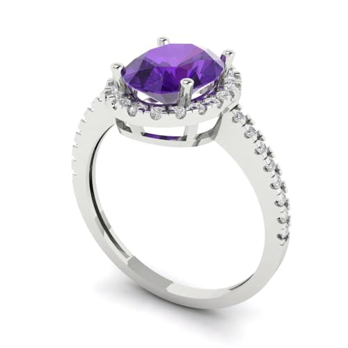 2.27 ct Oval Cut Natural Amethyst 14k White Gold Halo Solitaire with Accents Wedding Engagement Bridal Promise Ring2