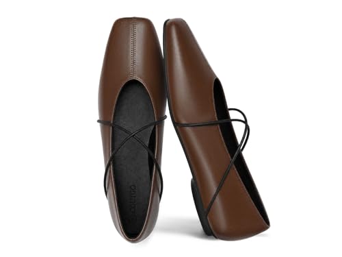 Image of Coutgo Womens Square Toe Ballet Flats Comfortable Slip On Mary Jane Flats Crisscross Strap Work Casual Shoes