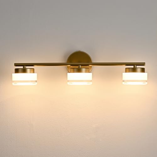 Image of Modern Gold 3-Light LED Bathroom Vanity Light with Acrylic Shade | 3000K Warm White Vintage Vanity Lights, Wall Sconces for Bathroom Bedroom Entryway Living Room