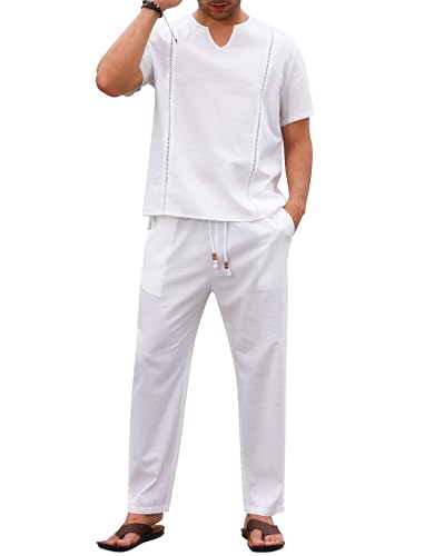 Men's Piece Set Short Sleeve Casual Henley Shirts Straight Leg